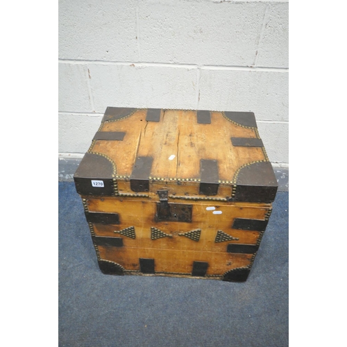 1270 - A 19TH CENTURY OR LATER PINE AND IRON BOUND STORAGE CHEST, width 56cm x depth 42cm x height 50cm (co... 