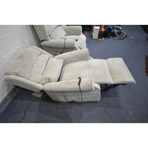 1273 - TWO BEIGE HSL RISE AND RECLINE ARMCHAIRS (condition - some stains, only one has a power cable but bo... 