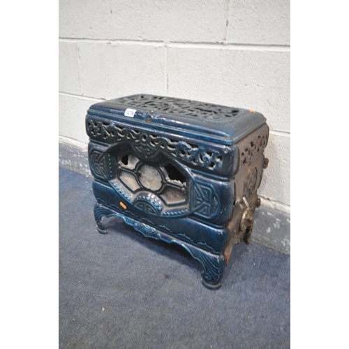 1276 - A SMALL FRENCH TURQUOISE ENAMEL CAST IRON STOVE, stamped Faure Revin, with a pierced hinged lid, a d... 