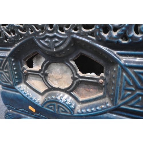 1276 - A SMALL FRENCH TURQUOISE ENAMEL CAST IRON STOVE, stamped Faure Revin, with a pierced hinged lid, a d... 