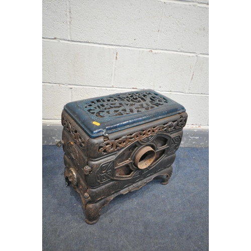 1276 - A SMALL FRENCH TURQUOISE ENAMEL CAST IRON STOVE, stamped Faure Revin, with a pierced hinged lid, a d... 