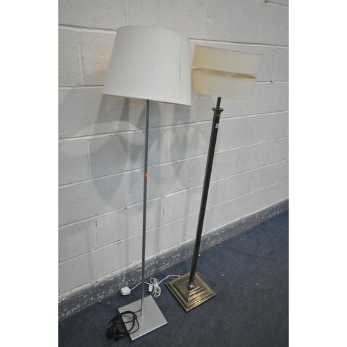 1278 - A MODERN NICKEL COLUMN STANDARD LAMP, and another standard lamp, both with shades (2)