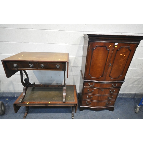 1287 - A MAHOGANY SOFA TABLE, with two drawers, a drop leaf coffee table, and a four door drinks cabinet, w... 