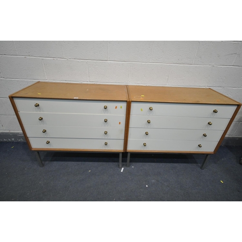 1288 - A PAIR OF G PLAN OAK CHEST OF FOUR LONG DRAWERS, on metal legs, width 97cm x depth 47cm x height 84c... 