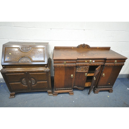 1289 - A 1940'S OAK SIDEBOARD, with three drawers, width 137cm x depth 52cm x height 103cm, and an oak bure... 