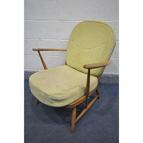 1292 - A BLONDE ERCOL WINDSOR MODEL 203 BEECH ARMCHAIR, with lime green cushions, width 69cm x depth 71cm x... 