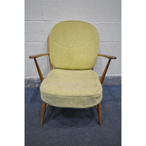 1292 - A BLONDE ERCOL WINDSOR MODEL 203 BEECH ARMCHAIR, with lime green cushions, width 69cm x depth 71cm x... 