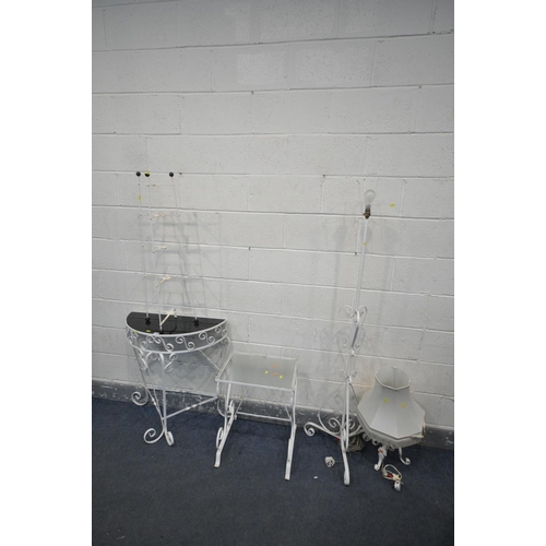 1295 - A QUANTITY OF WHITE PAINTED WROUGHT IRON OCCASIONAL FURNITURE, to include a demi lune side table, a ... 