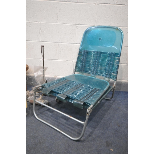 1296 - A 1980/1990'S TEAL VINYL FOLDING GARDEN LOUNGER, a mid-century five branch ceiling light, a table la... 