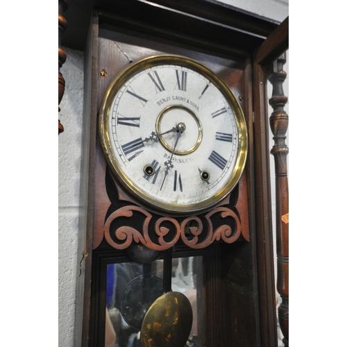 1297 - AN EARLY 20TH CENTURY MAHOGANY VIENNA WALL CLOCK, Benjamin Gaunt & Sons Barnsley stamped to face, he... 