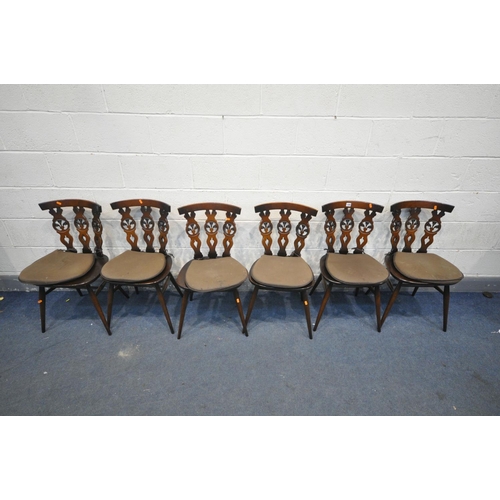 1300 - A SET OF SIX ERCOL ELM PRINCE OF WALES FEATHER BACK CHAIRS, all with separate seat pads (condition -... 