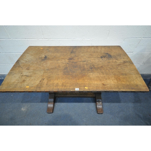 1301 - A 20TH CENTURY SOLID ELM REFECTORY TABLE, the table top that's adzed and carved geometric pattern to... 