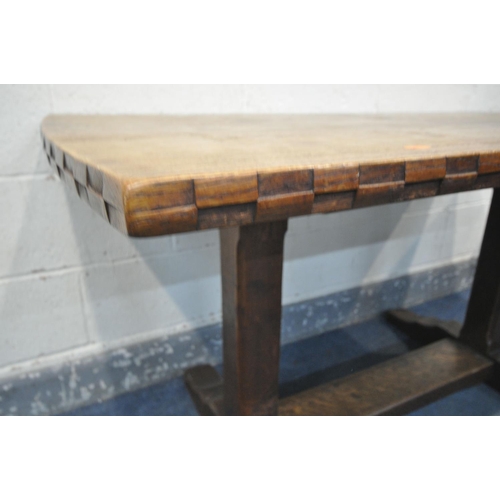 1301 - A 20TH CENTURY SOLID ELM REFECTORY TABLE, the table top that's adzed and carved geometric pattern to... 