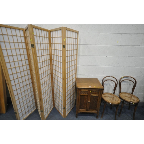 1303 - A 20TH CENTURY TWO DOOR CABINET, a pair of Thonet bentwood chairs with cane seats, and a modern six ... 