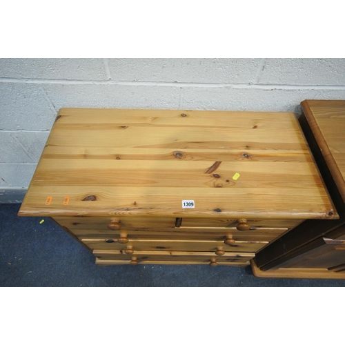 1309 - A PINE CHEST OF TWO SHORT OVER THREE LONG DRAWERS, width 81cm x depth 39cm x height 77cm, along with... 