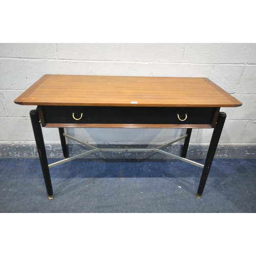 1311 - A MID CENTURY G PLAN E.GOMME TOLA AND BLACK CONSOLE TABLE, with a single frieze drawer, on cylindric... 