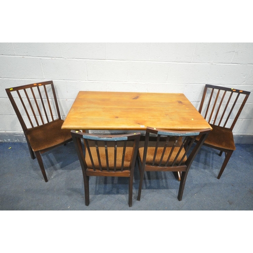 1315 - A SET OF FOUR MID CENTURY STAINED TEAK DINING  CHAIRS, with brown upholstery, along with a pine dini... 