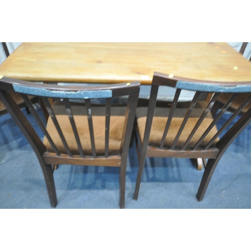 1315 - A SET OF FOUR MID CENTURY STAINED TEAK DINING  CHAIRS, with brown upholstery, along with a pine dini... 