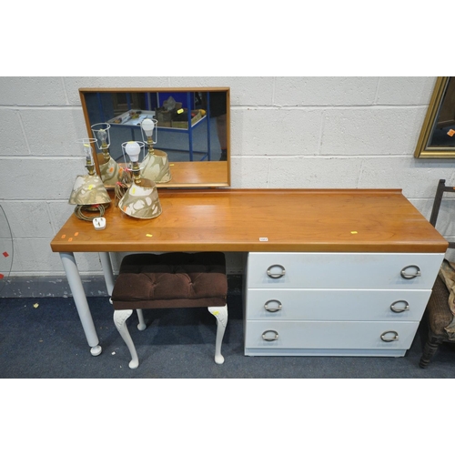 1317 - A PARTIALLY WHITE PAINTED DRESSING CHEST, with a single mirror, and three drawers, length 153cm x de... 