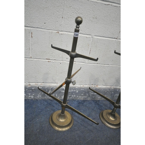 1322 - A PAIR OF BRASS JEWELLEY HOLDERS, with three adjustable graduated tiers, height 75cm