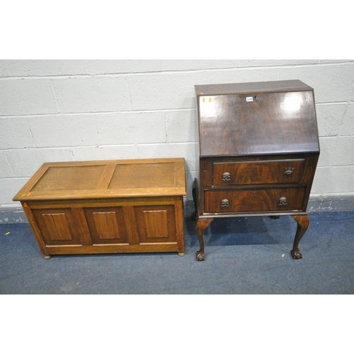 1326 - AN OAK LINENFOLD BLANKET CHEST, width 98cm x depth 44cm x height 53cm, and a mahogany bureau on cabr... 