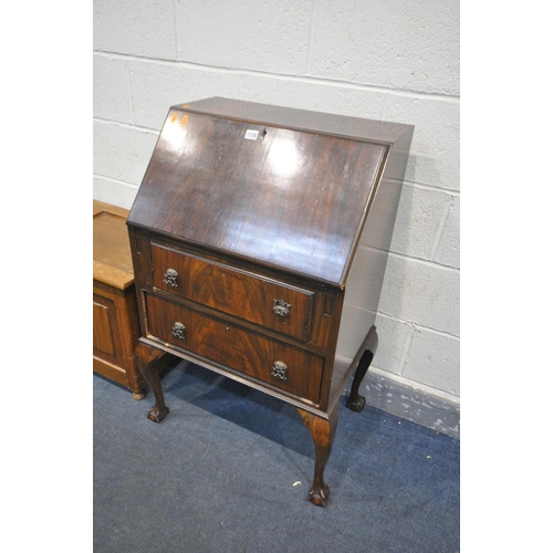 1326 - AN OAK LINENFOLD BLANKET CHEST, width 98cm x depth 44cm x height 53cm, and a mahogany bureau on cabr... 