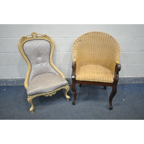 1327 - A HARDWOOD WICKER ARMCHAIR, with a swan neck armrests, along with a French style spoon back chair (c... 