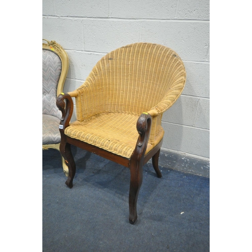 1327 - A HARDWOOD WICKER ARMCHAIR, with a swan neck armrests, along with a French style spoon back chair (c... 