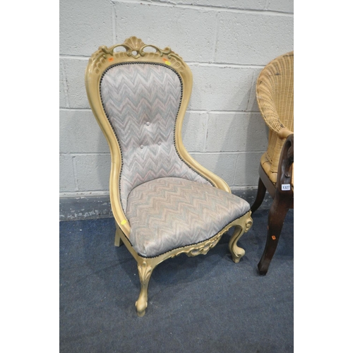 1327 - A HARDWOOD WICKER ARMCHAIR, with a swan neck armrests, along with a French style spoon back chair (c... 