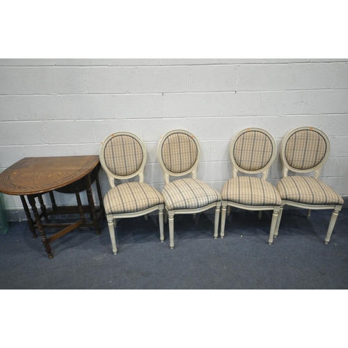 1328 - AN OAK OVAL TOP GATE LEG TABLE, length 114cm x closed length 39cm x depth 77cm x height 74cm, and fo... 