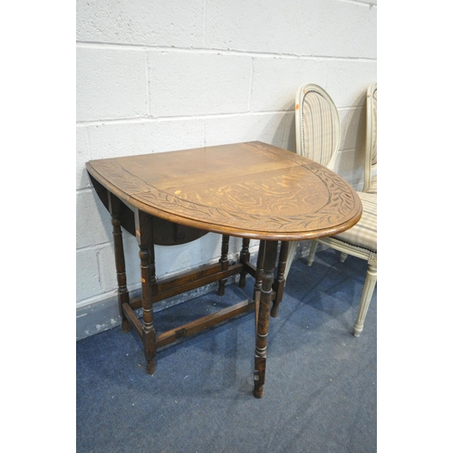 1328 - AN OAK OVAL TOP GATE LEG TABLE, length 114cm x closed length 39cm x depth 77cm x height 74cm, and fo... 