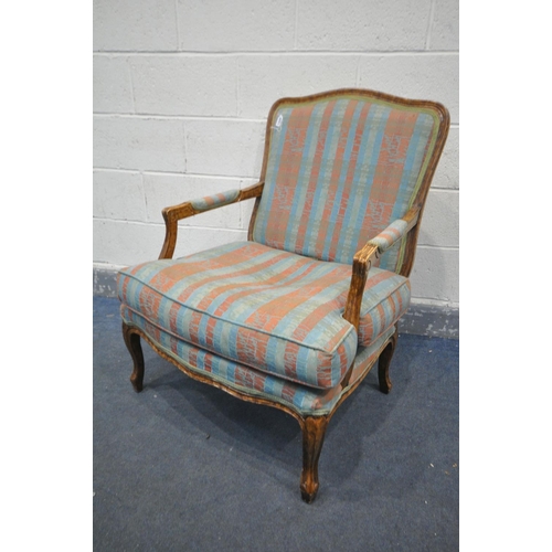 1329 - A LOUIS XV STYLE ARMCHAIR, with stripped upholstery and open armrests, width 72cm x depth 76cm x hei... 