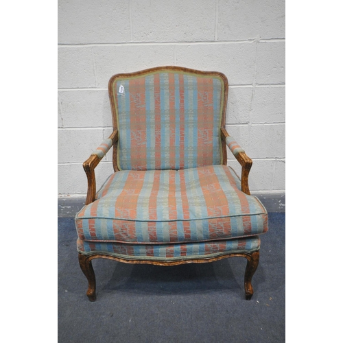 1329 - A LOUIS XV STYLE ARMCHAIR, with stripped upholstery and open armrests, width 72cm x depth 76cm x hei... 