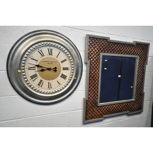 1336 - A DECORATIVE FRAMED WALL MIRROR, 101cm squared, and a large Madison clock Co wall clock (2)