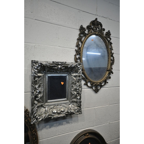 1338 - A SELECTION OF WALL MIRRORS, to include silver framed foliate wall mirror, two foliate framed wall m... 