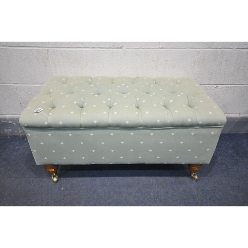 1342 - A GREEN UPHOLSTERED BUTTONED POUFFE, width 93cm x depth 53cm x height 46cm (condition:-good conditio... 