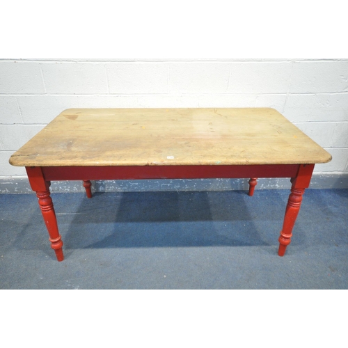 1348 - A 19TH CENTURY PINE KITCHEN TABLE, on a red painted base, length 160cm x depth 93cm x height 74cm (c... 