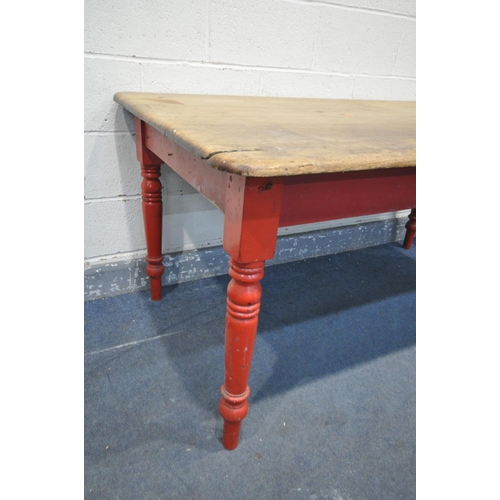 1348 - A 19TH CENTURY PINE KITCHEN TABLE, on a red painted base, length 160cm x depth 93cm x height 74cm (c... 