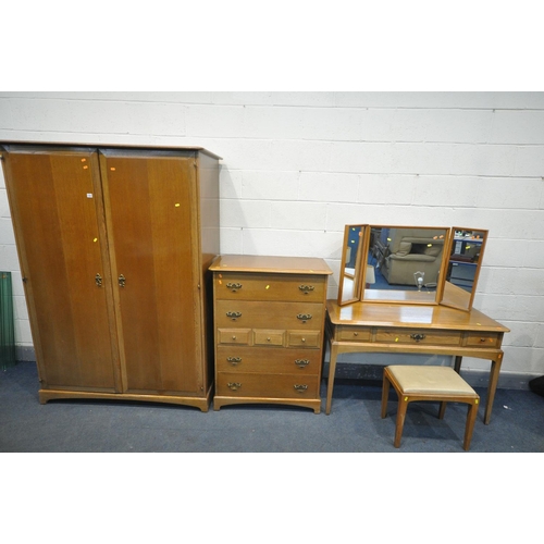 1351 - A STAG OAK BEDROOM SUITE, comprising a double door wardrobe, width 129cm x depth 60cm x height 182cm... 