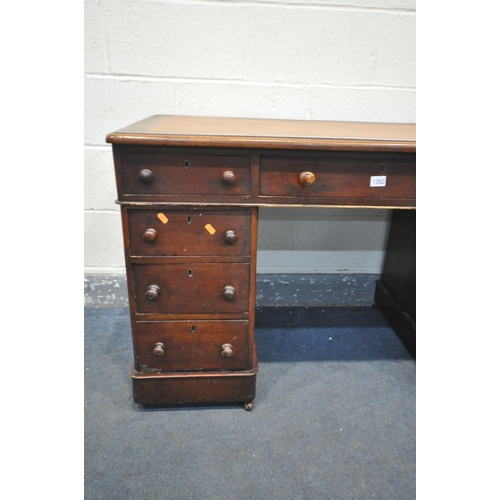 1352 - A VICTORIAN MAHOGANY PEDESTAL DESK, with an arrangement of nine drawers, on casters, width 119cm x d... 