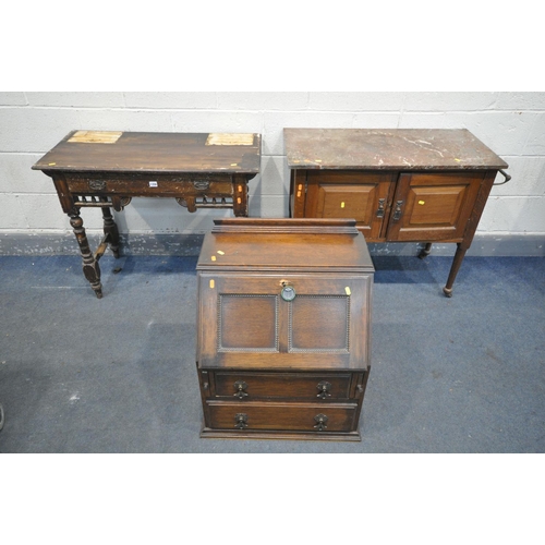 1356 - AN EDWARDIAN WALNUT MARBLE TOP WASHSTAND, width 92cm x depth 47cm x height 76cm, an Edwardian side t... 