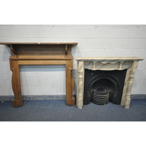 1358 - A 20TH CENTURY OAK FIRE SURROUND, width 155cm x height 142cm, and a marbleized fire surround, width ... 