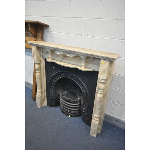 1358 - A 20TH CENTURY OAK FIRE SURROUND, width 155cm x height 142cm, and a marbleized fire surround, width ... 