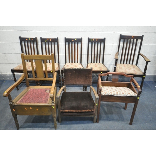 1359 - A SET OF FIVE OAK DINING CHAIRS, including one carver, along with a beech dressing stool, a commode ... 