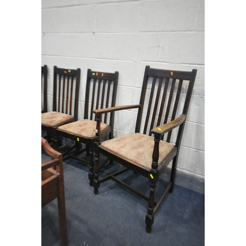 1359 - A SET OF FIVE OAK DINING CHAIRS, including one carver, along with a beech dressing stool, a commode ... 