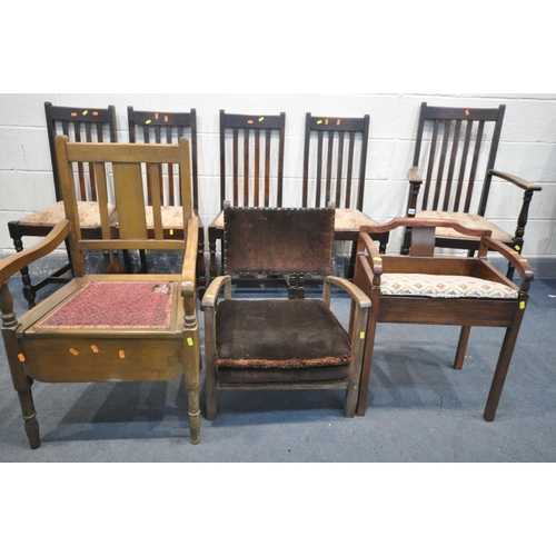 1359 - A SET OF FIVE OAK DINING CHAIRS, including one carver, along with a beech dressing stool, a commode ... 