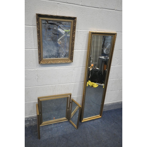 1367 - THREE VARIOUS GILT WALL MIRRORS, to include a rectangular bevelled edge mirror, triple dressing mirr... 