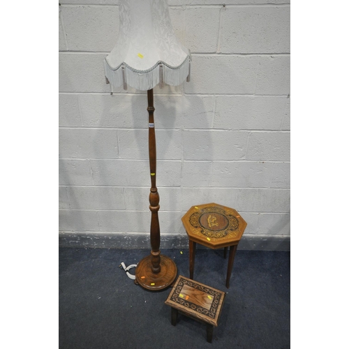 1372 - AN OAK STANDARD LAMP, with a fabric shade, along with an Italian inlaid occasional table, and an oak... 