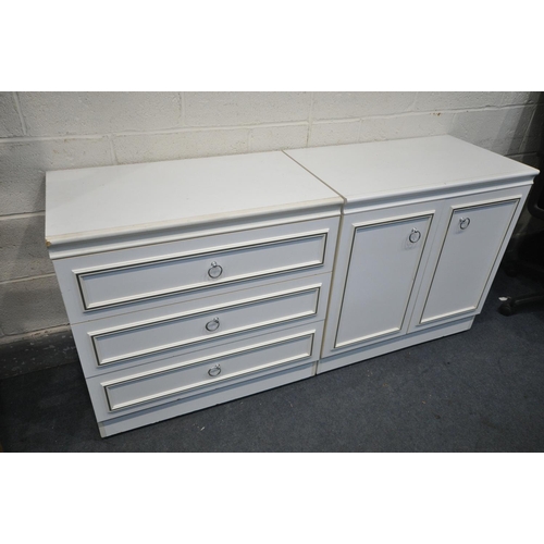 1373 - A WHITE CHEST OF THREE DRAWERS, and a matching two door cupboard (2)