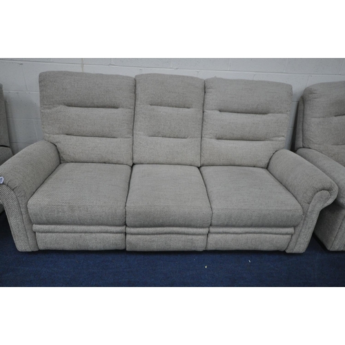 1374 - A BEIGE UPHOLSTERED ELECTRIC RECLINING SUITE, comprising a three seater settee, length 207cm, and a ... 